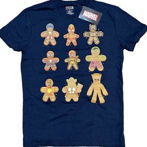 Marvel Ginger Bread Cookies Holiday Navy Blue Short Sleeve Shirt M